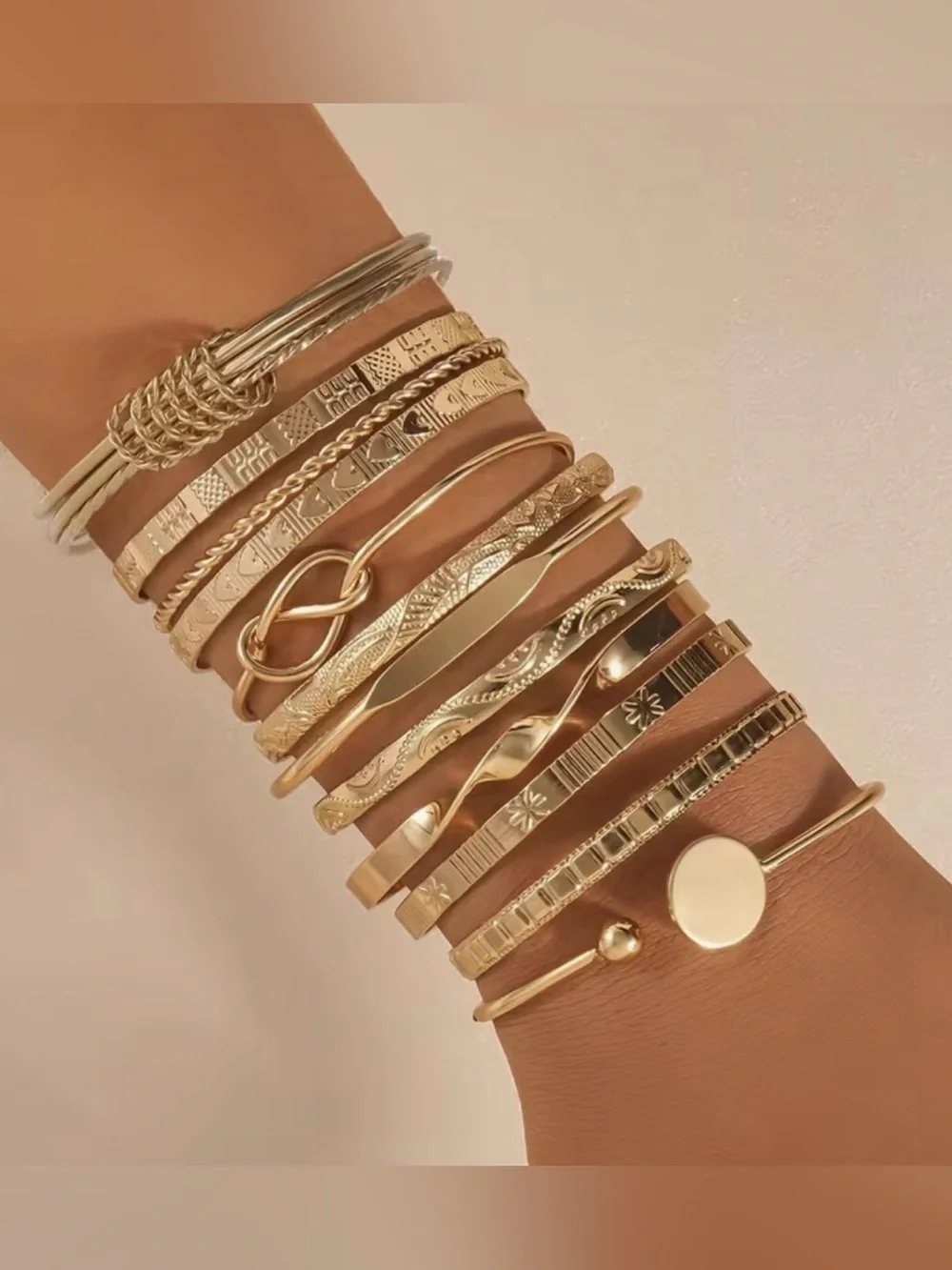 Gold Multi Style Cuff Bracelet Stack — 12 Bracelet Set